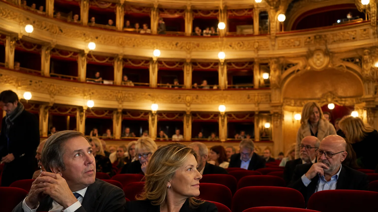 Intérieur d'un théâtre à l'italienne avec sièges rouges, balcons dorés et spectateurs s'installant avant le spectacle