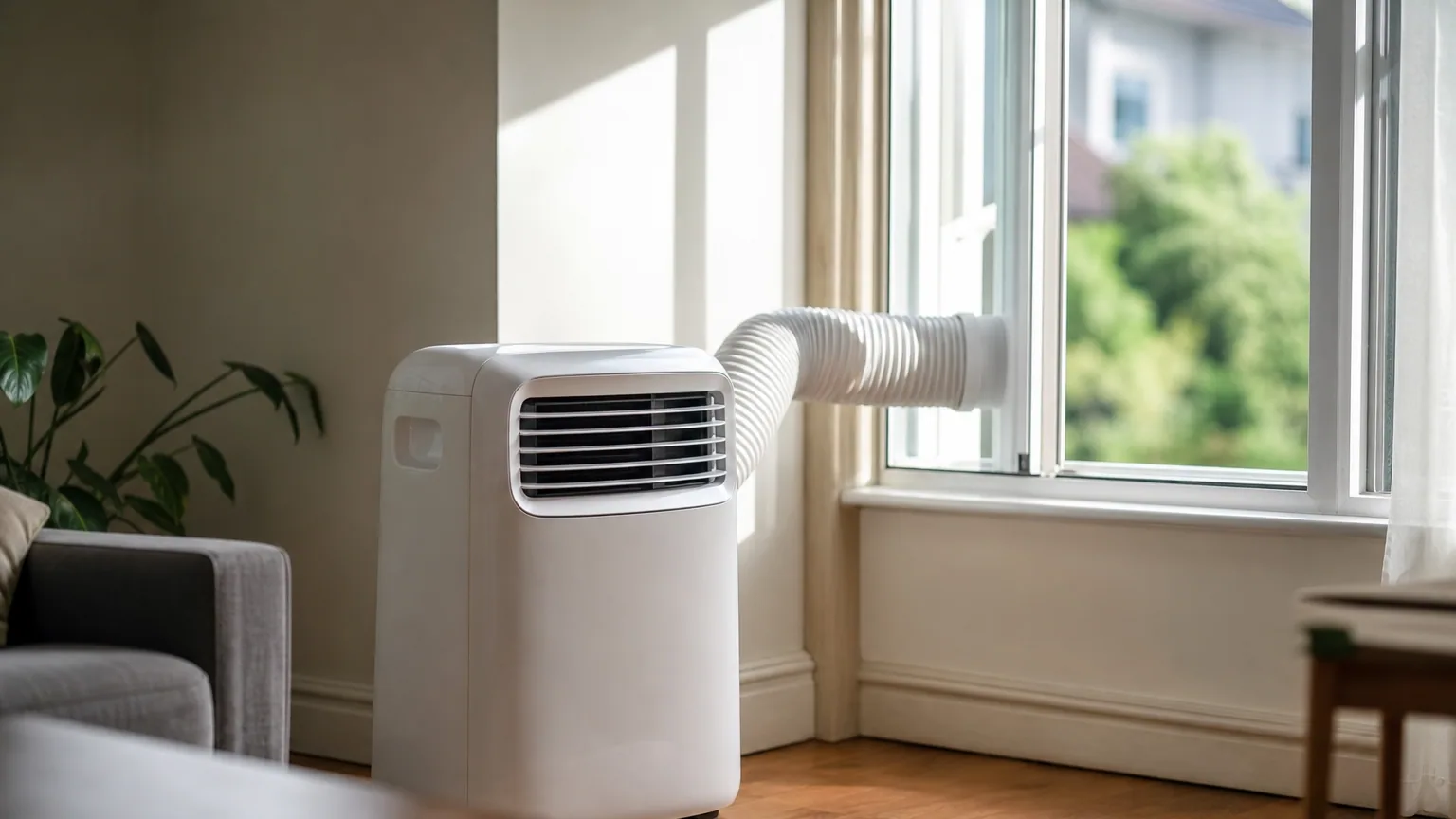 Un climatiseur mobile blanc posé près d'une fenêtre dans un salon lumineux
