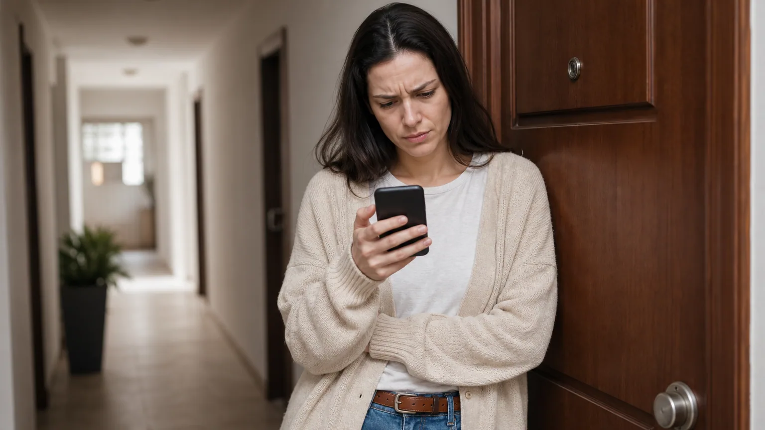 Une femme consulte le suivi de sa commande sur son smartphone devant sa porte d'entrée, visiblement contrariée de ne pas trouver de colis