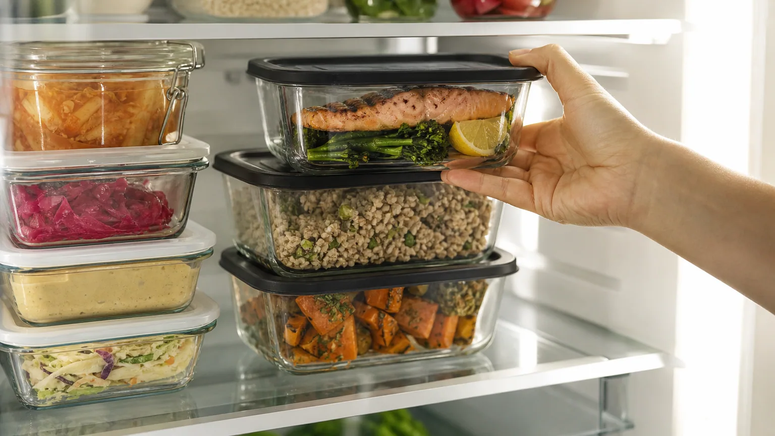 Des plats cuisinés dans des boîtes hermétiques rangés sur une étagère de réfrigérateur