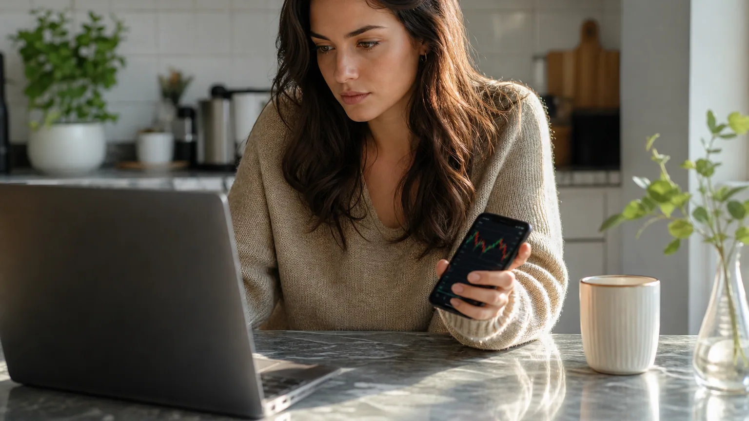Une femme consulte une application de bourse sur son ordinateur portable et son téléphone