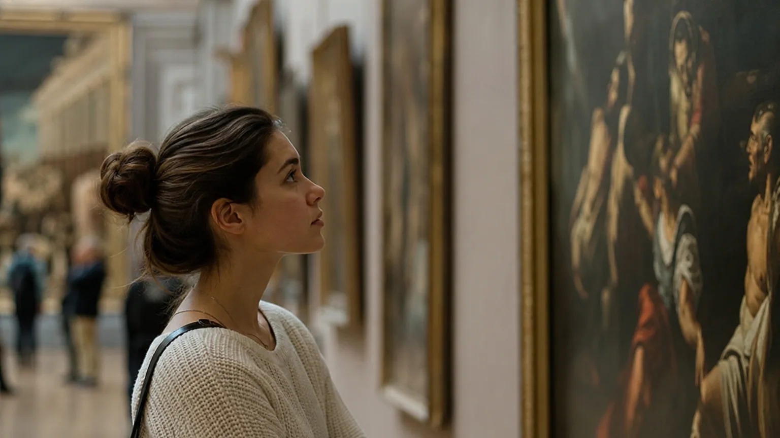Une visiteuse observe attentivement un tableau dans une salle de musée