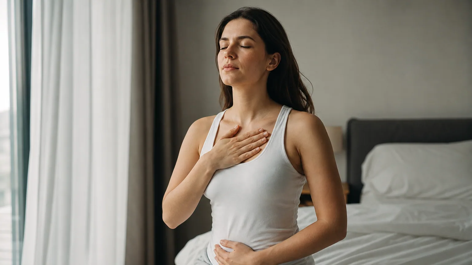 Une femme assise pratique un exercice de respiration, une main sur la poitrine, pour calmer son anxiété