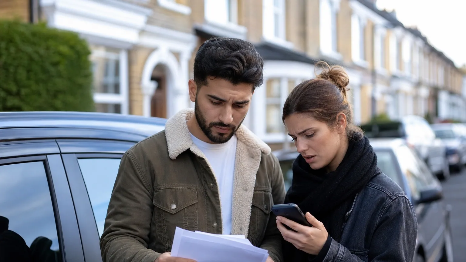 Un couple compare des documents d'assurance près de sa voiture garée dans la rue