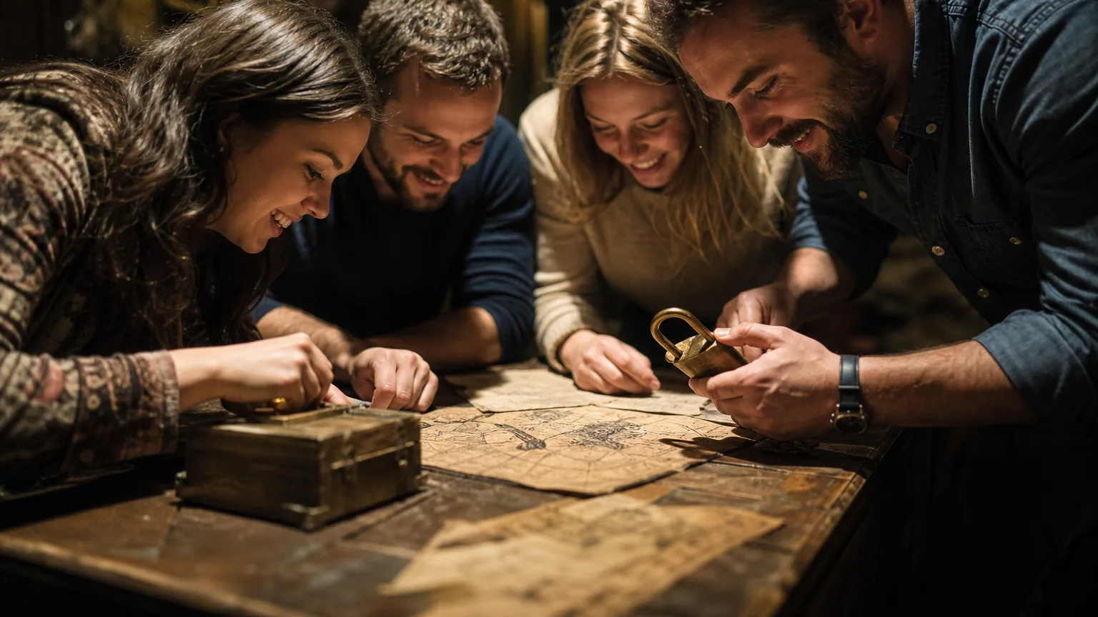 Un groupe d'amis concentrés résolvant une énigme dans une salle d'escape game à l'ambiance feutrée