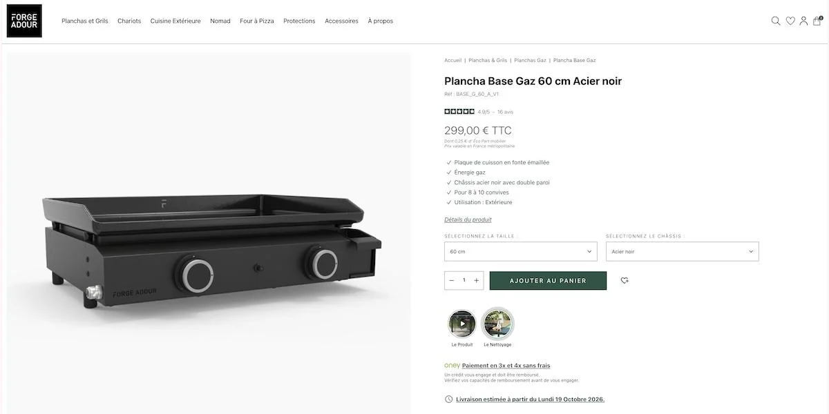 Fiche produit de la plancha Base Gaz 60 cm en acier noir de Forge Adour, à plaque en fonte émaillée