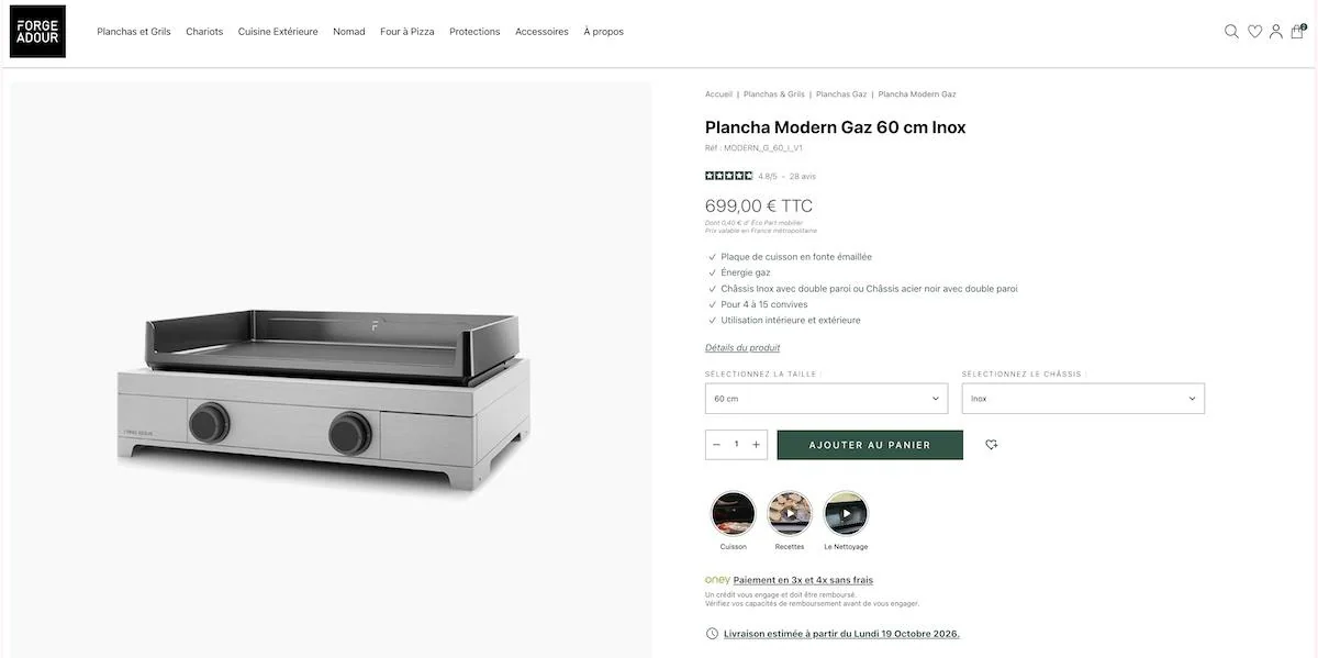 Fiche produit de la plancha Modern Gaz 60 cm en inox de Forge Adour, pour 4 à 15 convives