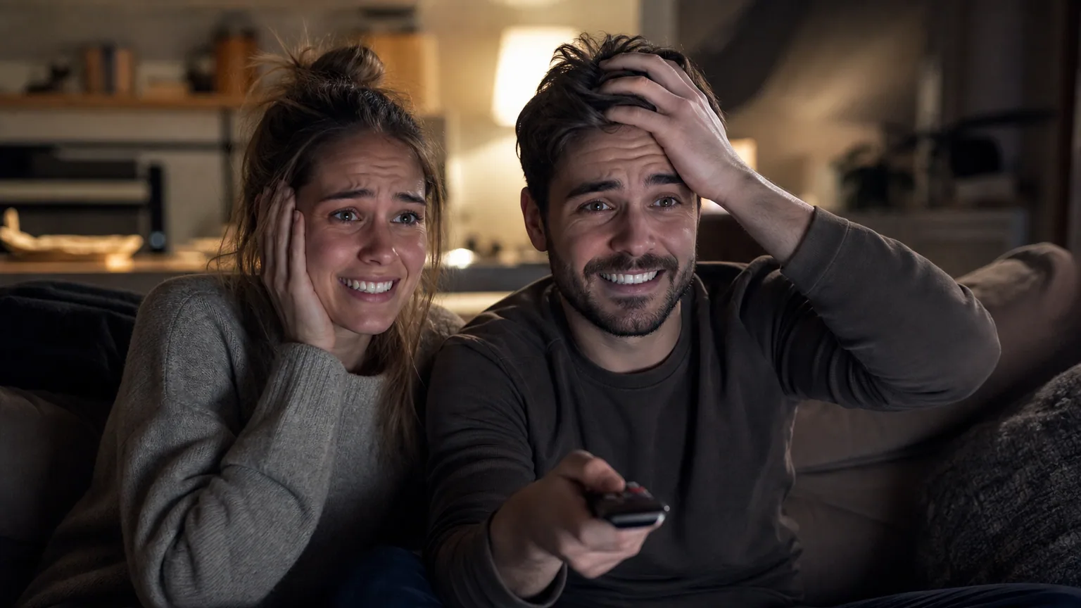 Un couple sur un canapé, télécommande en main, hésitant devant la télévision le soir