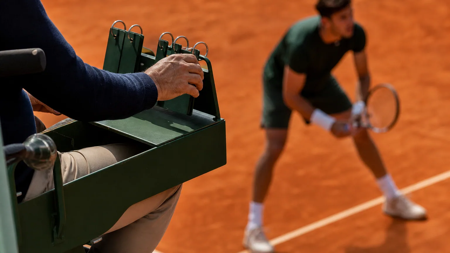 Joueur de tennis concentré sur un court en terre battue pendant un échange