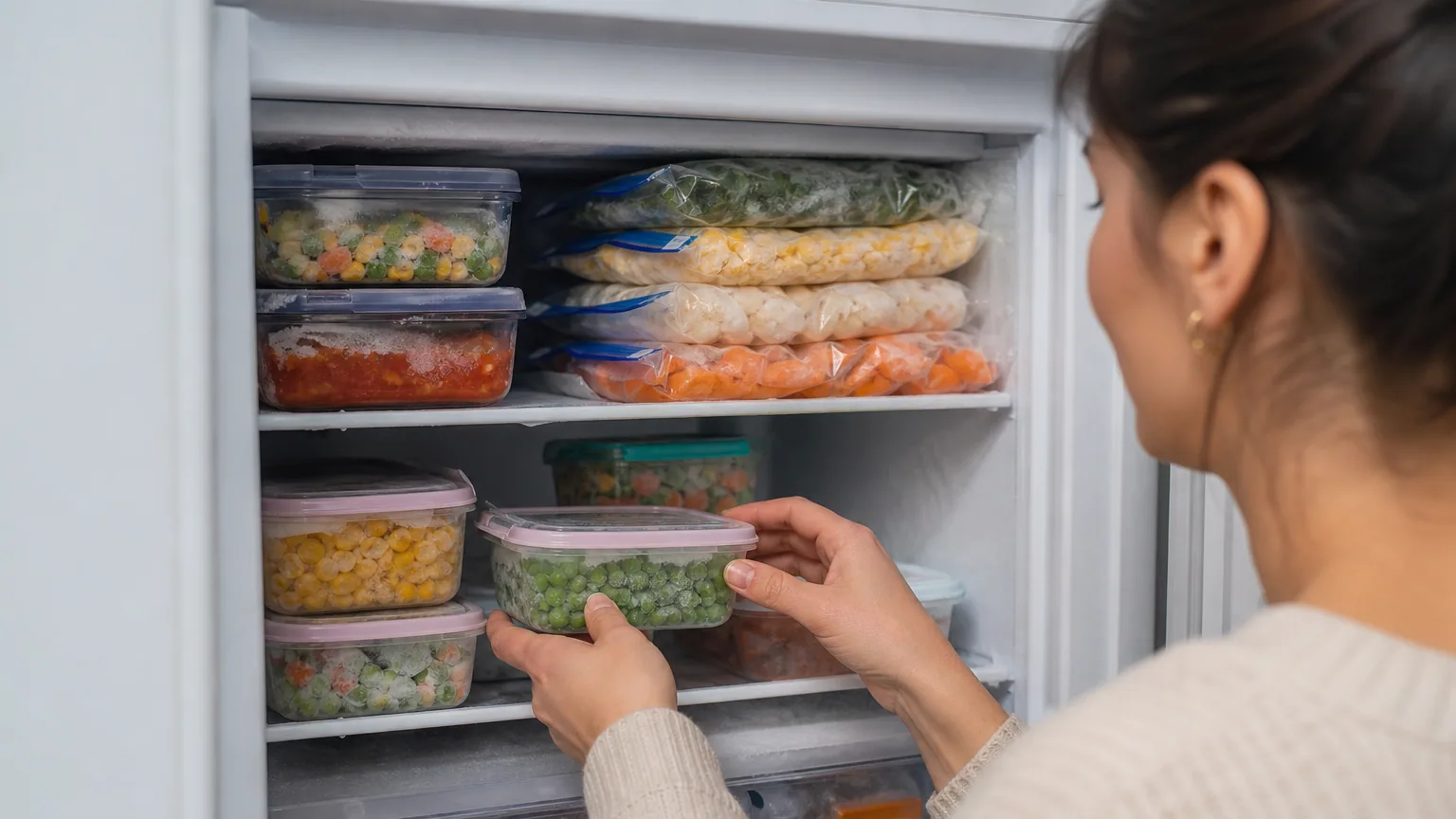 Des sacs et boîtes de conservation remplis d'aliments rangés dans un congélateur