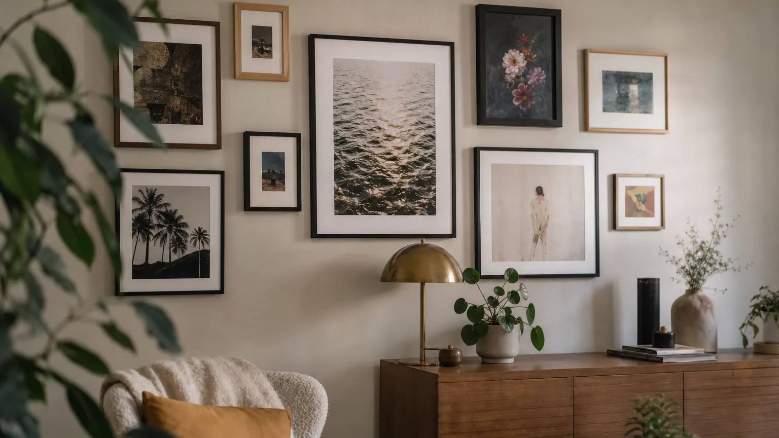 Un mur de salon orné d'une galerie de cadres photo de tailles variées