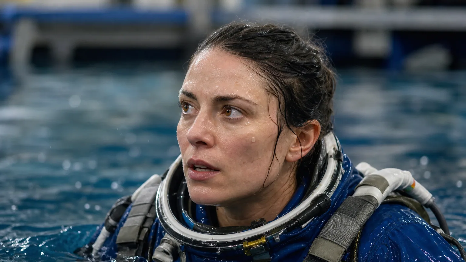 Candidat astronaute en combinaison bleue pendant un entraînement, visage concentré