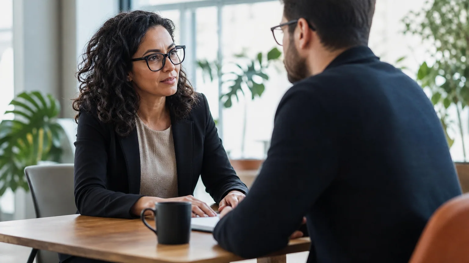 Un manager échange en tête-à-tête avec une collaboratrice dans un bureau lumineux