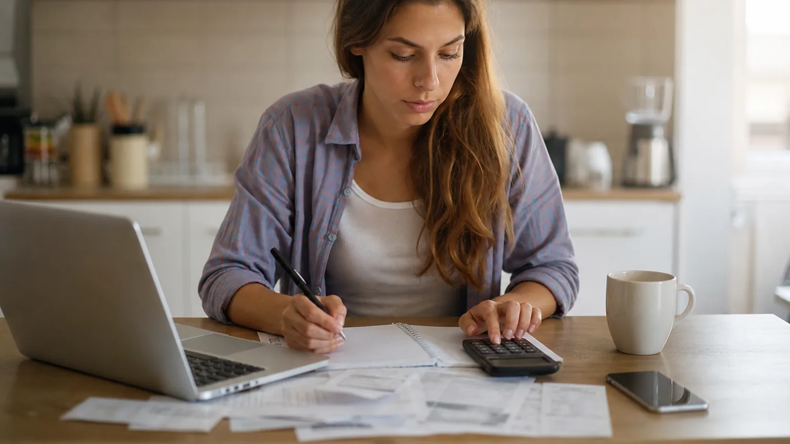 Une jeune femme calcule son budget mensuel à sa table de cuisine avec un carnet et un ordinateur portable
