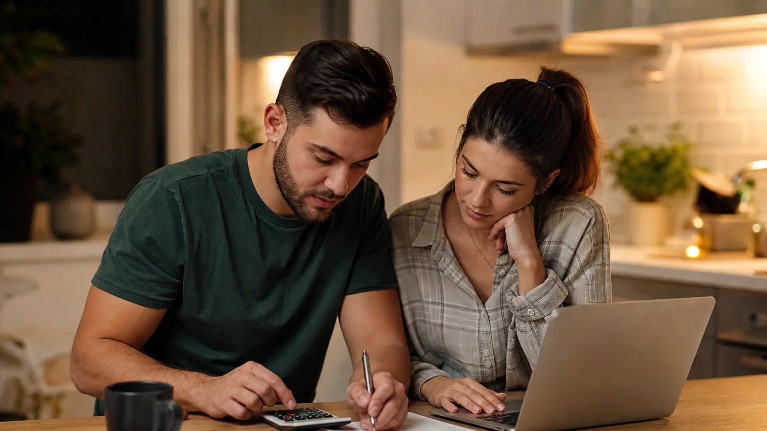 Un couple calcule son budget mensuel à la table de la cuisine avec une calculatrice et un ordinateur portable
