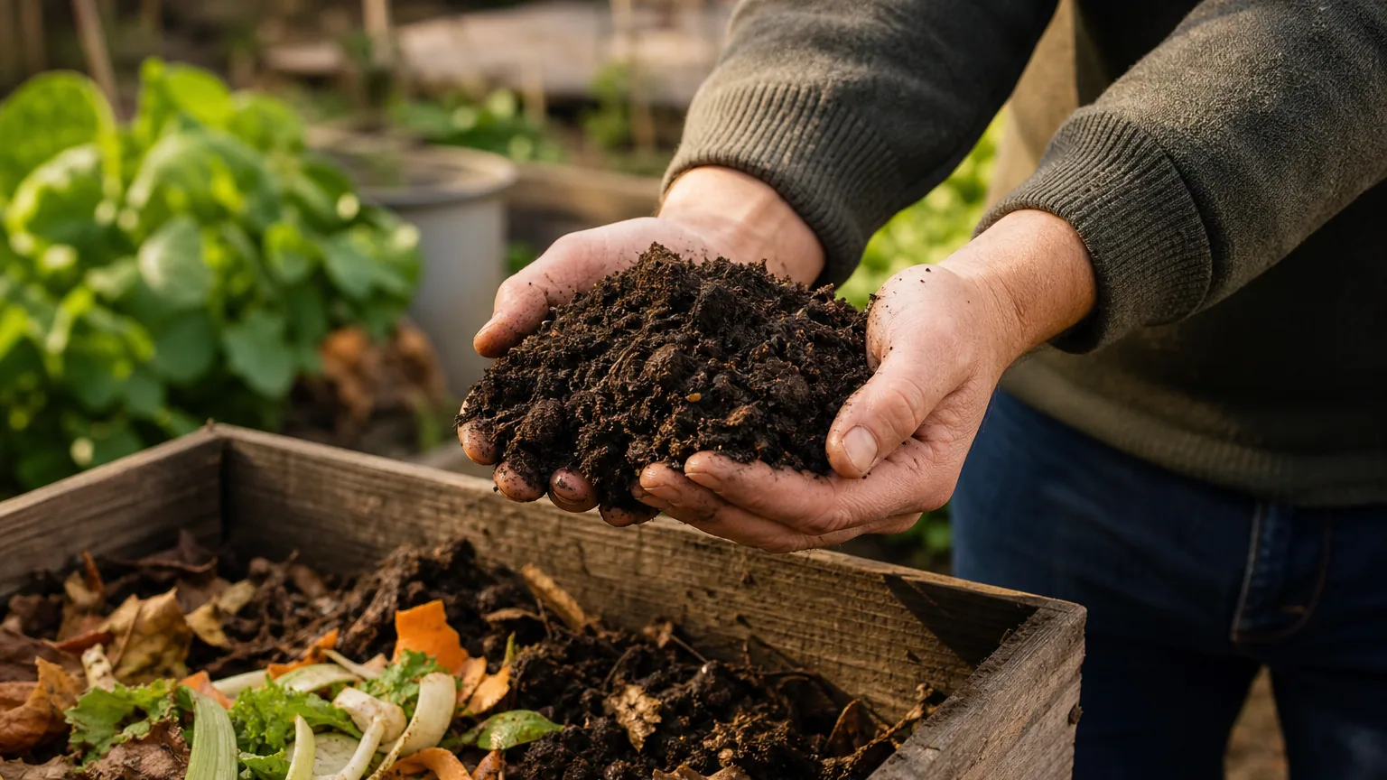Mains tenant du compost mûr et foncé au-dessus d'un composteur en bois dans un jardin