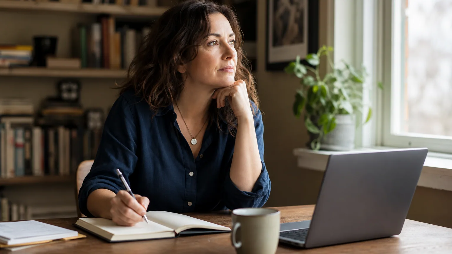 Une femme réfléchit à son projet de reconversion en prenant des notes à son bureau