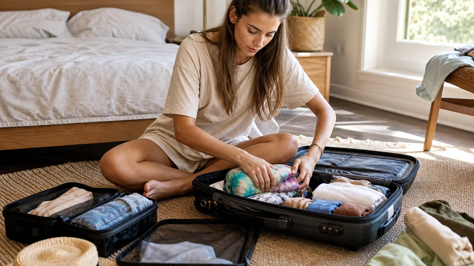 Une femme roule un t-shirt pour le ranger dans une valise ouverte entourée de cubes de rangement