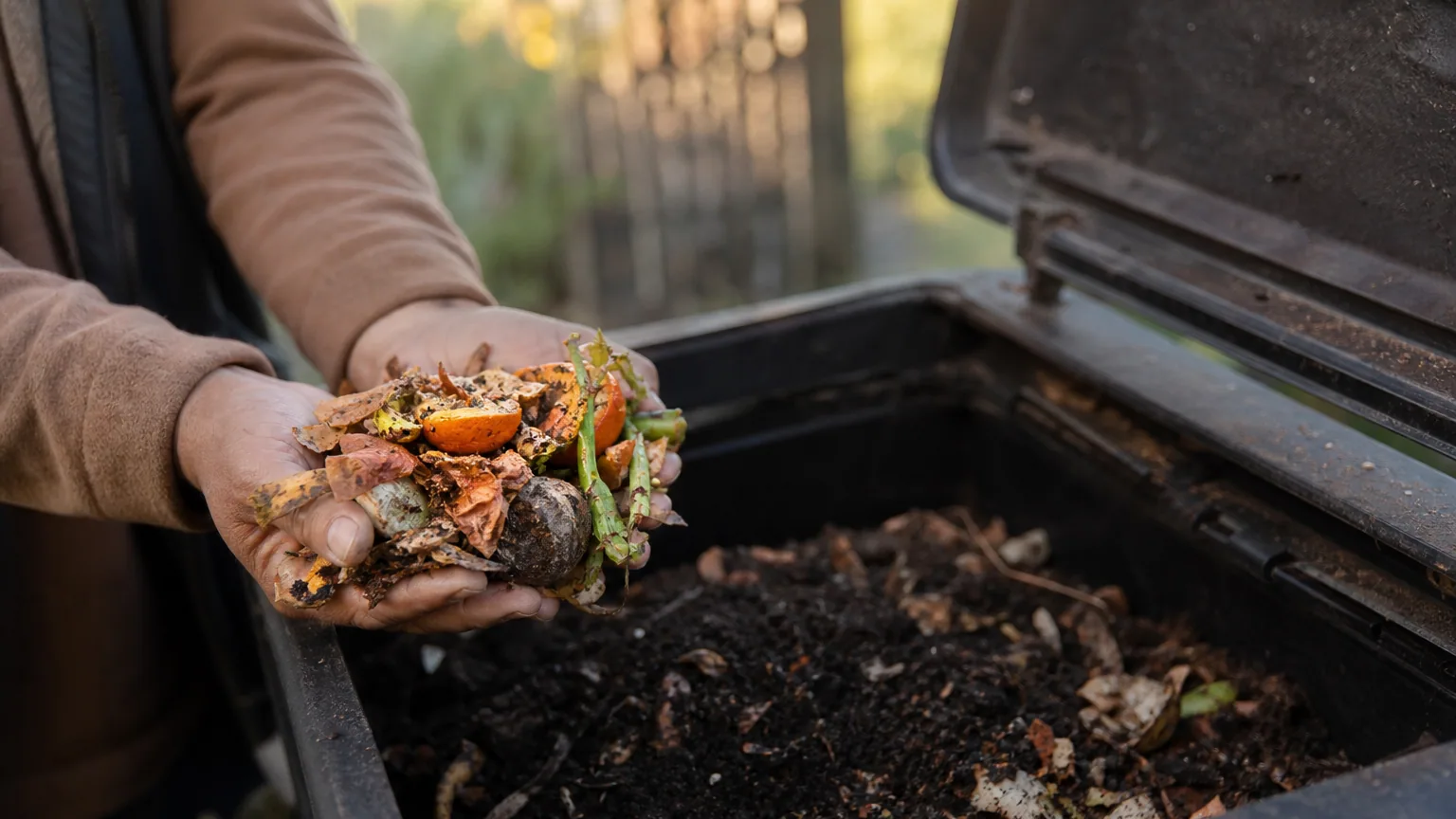 Mains versant des épluchures de cuisine dans un composteur de jardin