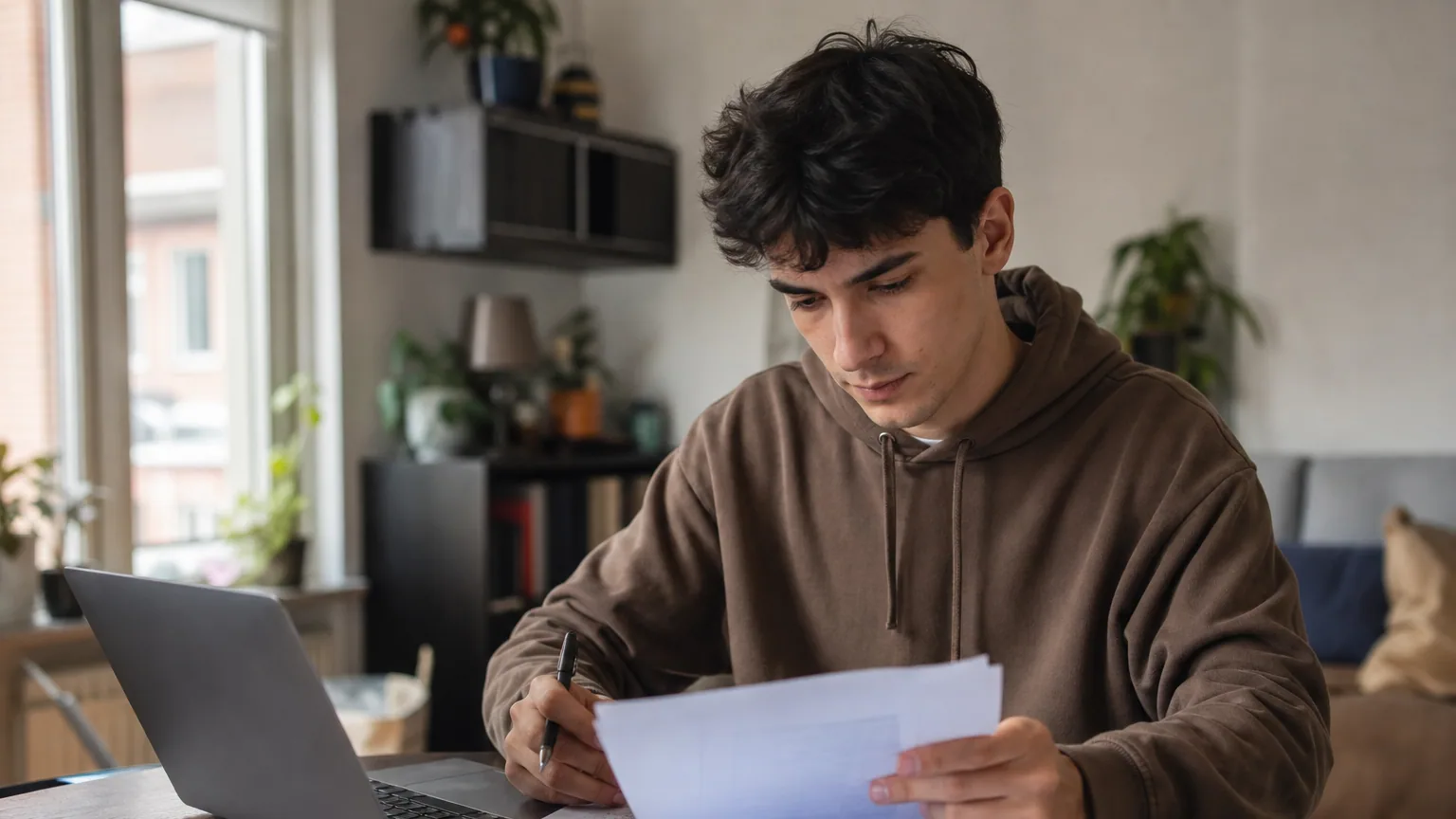 Un étudiant consulte des documents financiers et un ordinateur portable dans sa chambre