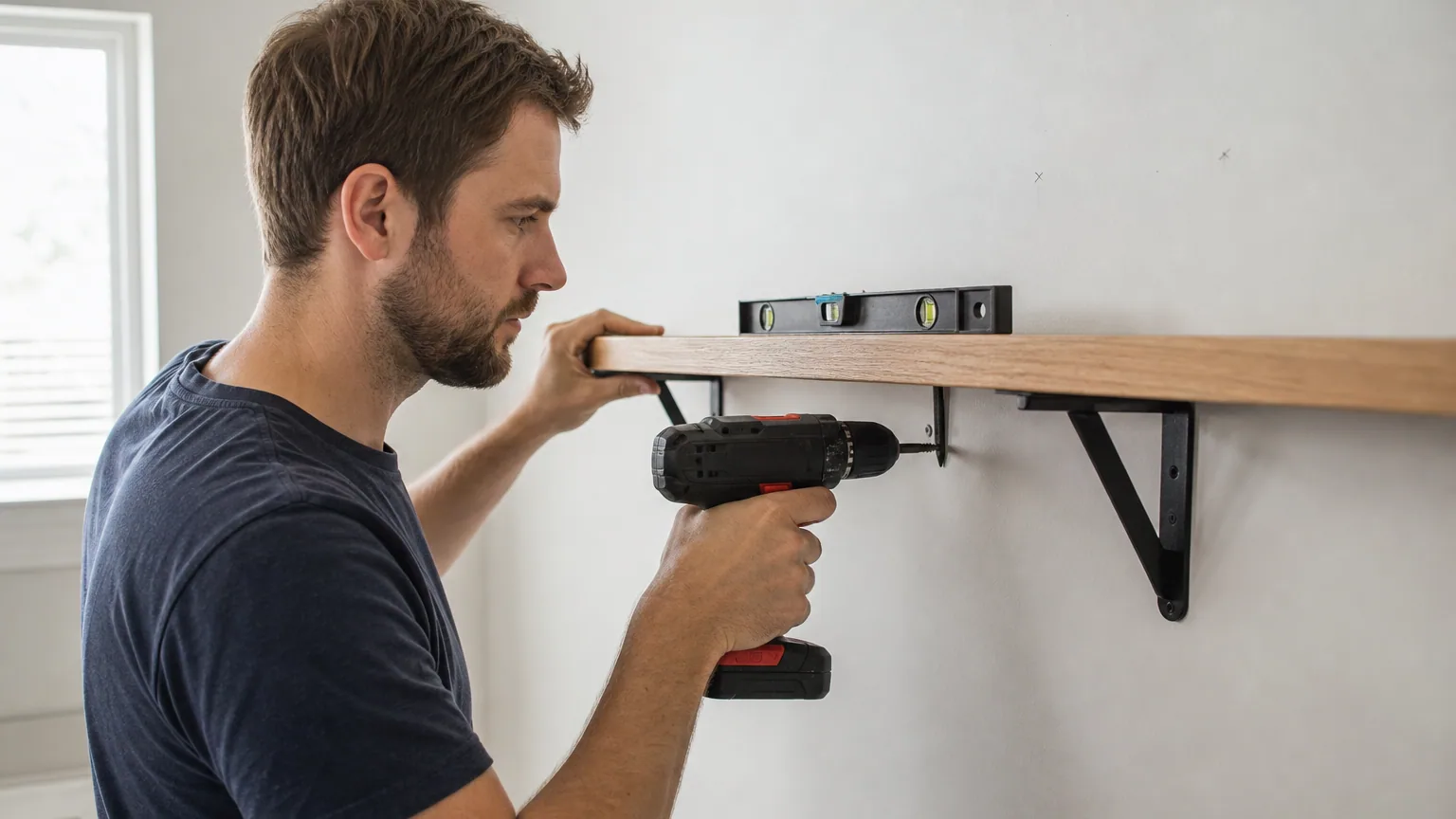 Une personne fixe une étagère en bois au mur avec une perceuse et un niveau à bulle