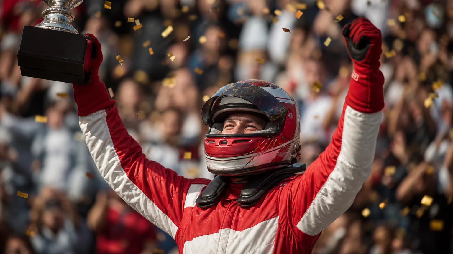 Un pilote de Formule 1 brandit son trophée sur le podium sous une pluie de confettis dorés