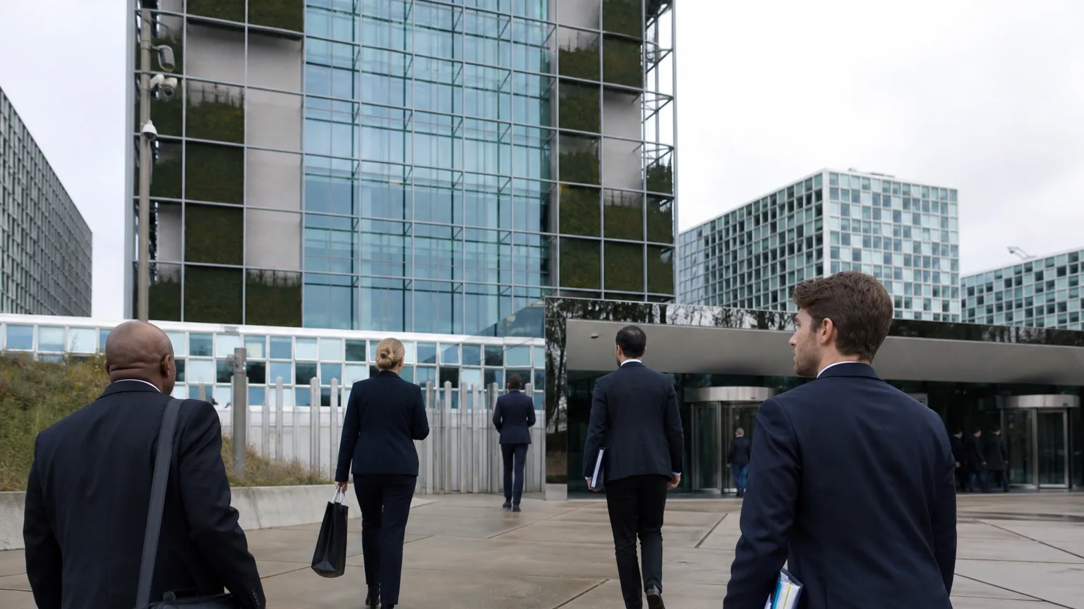 Le bâtiment de la Cour pénale internationale à La Haye avec des personnes en costume devant l'entrée
