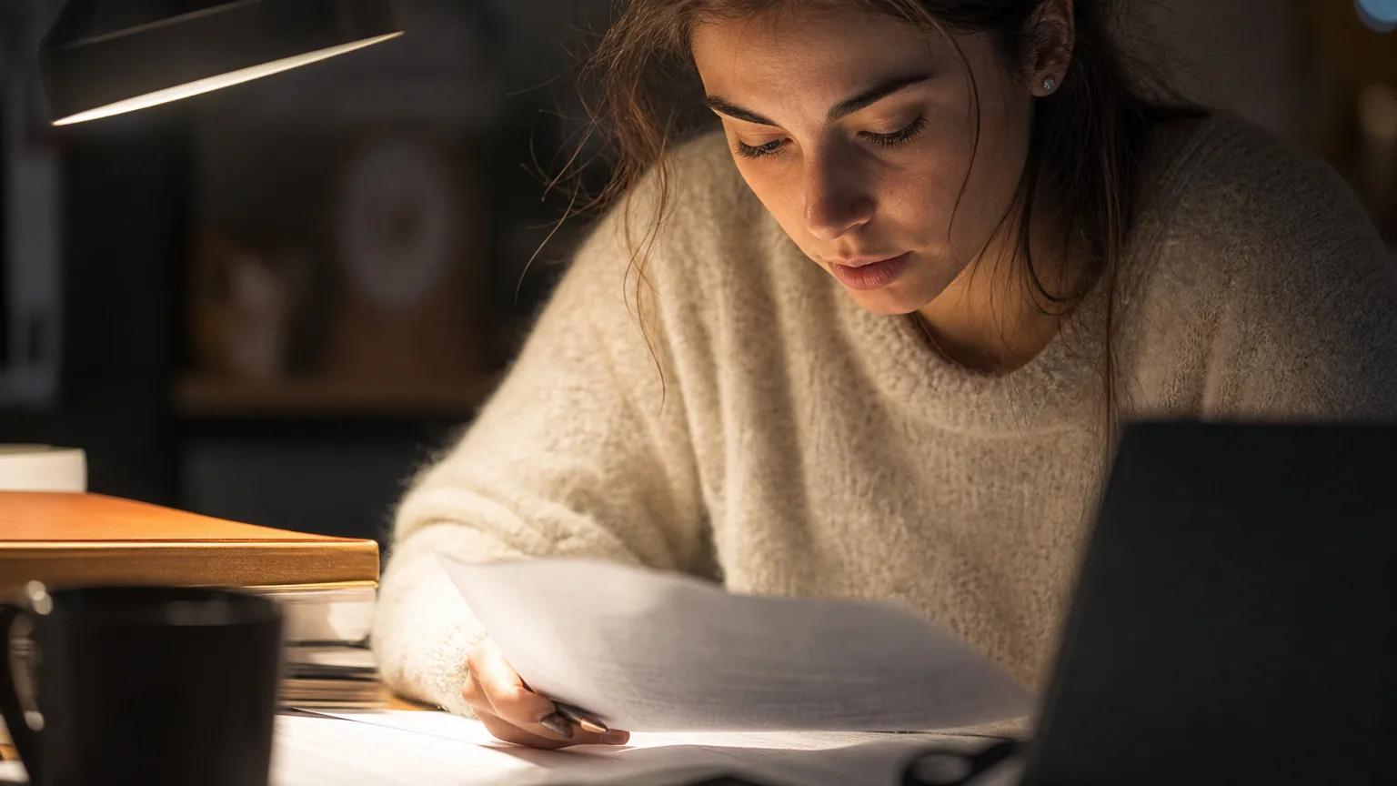 Une jeune femme concentrée révise ses notes le soir sous la lumière d'une lampe