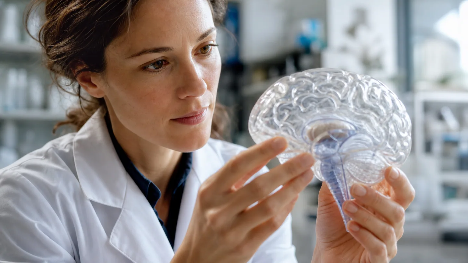 Une chercheuse observe un modèle anatomique de cerveau humain dans un laboratoire