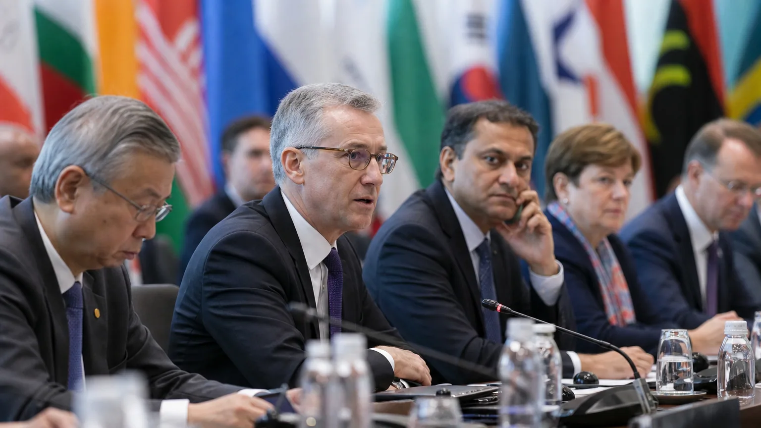 Responsables économiques réunis autour d'une table lors d'un sommet financier international
