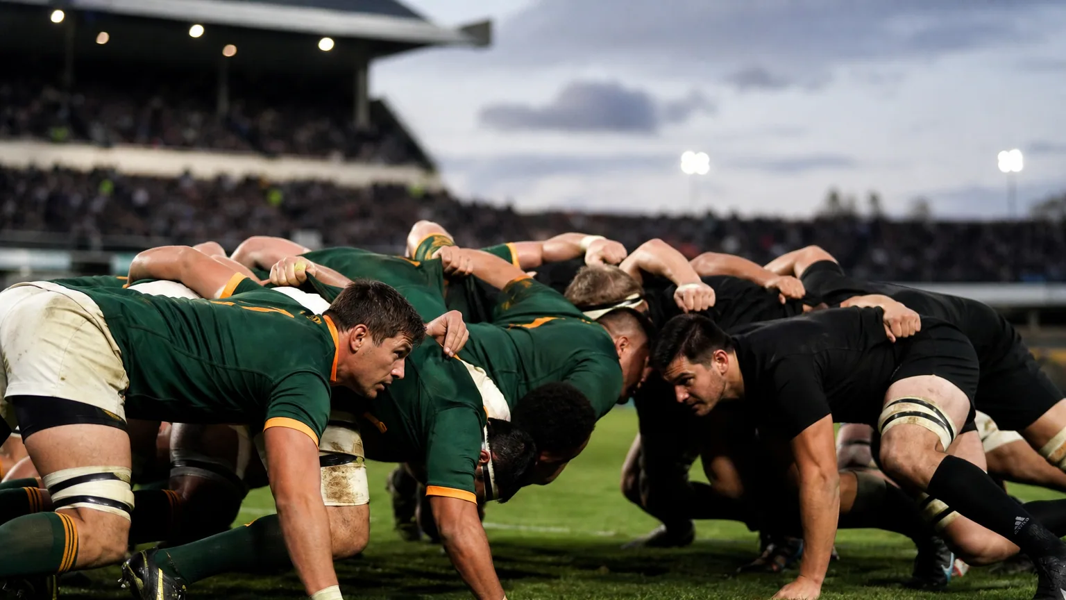 Joueurs de rugby au cœur d'une mêlée dans un stade plein lors d'un match de Top 14