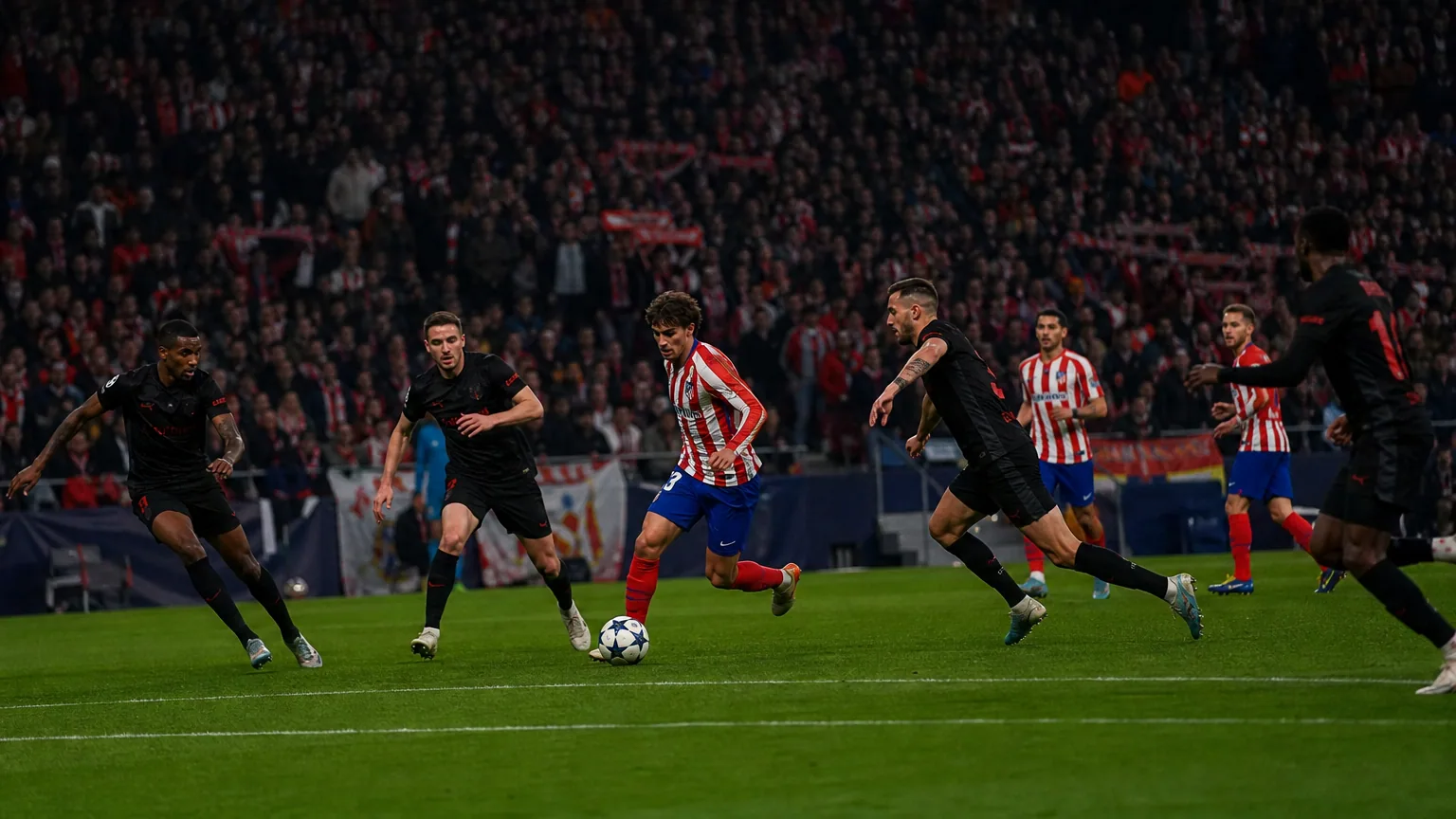 Stade de football européen illuminé de nuit pendant un match de Ligue des Champions