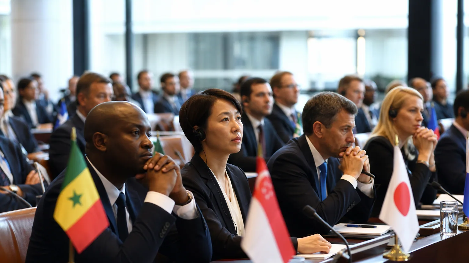 Délégués de plusieurs pays réunis dans une salle de conférence internationale lors d'une négociation commerciale.