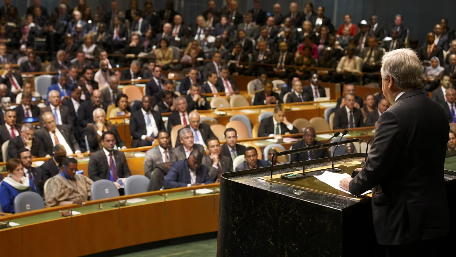 Vue d'une grande salle d'assemblée internationale avec des délégués assis et un orateur à la tribune.