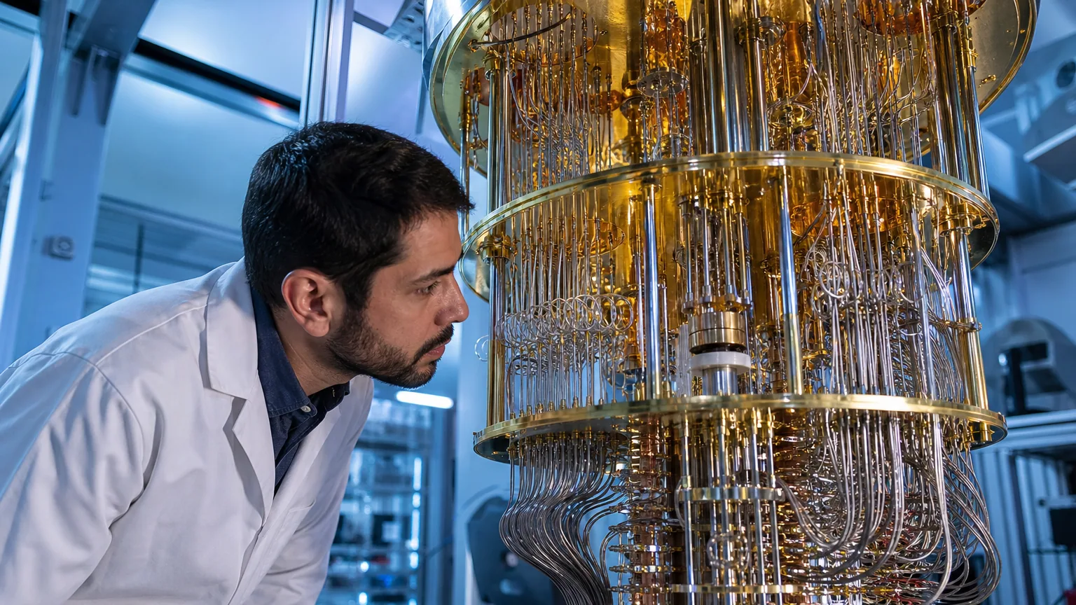 Cryostat doré d'un ordinateur quantique observé par une chercheuse en laboratoire