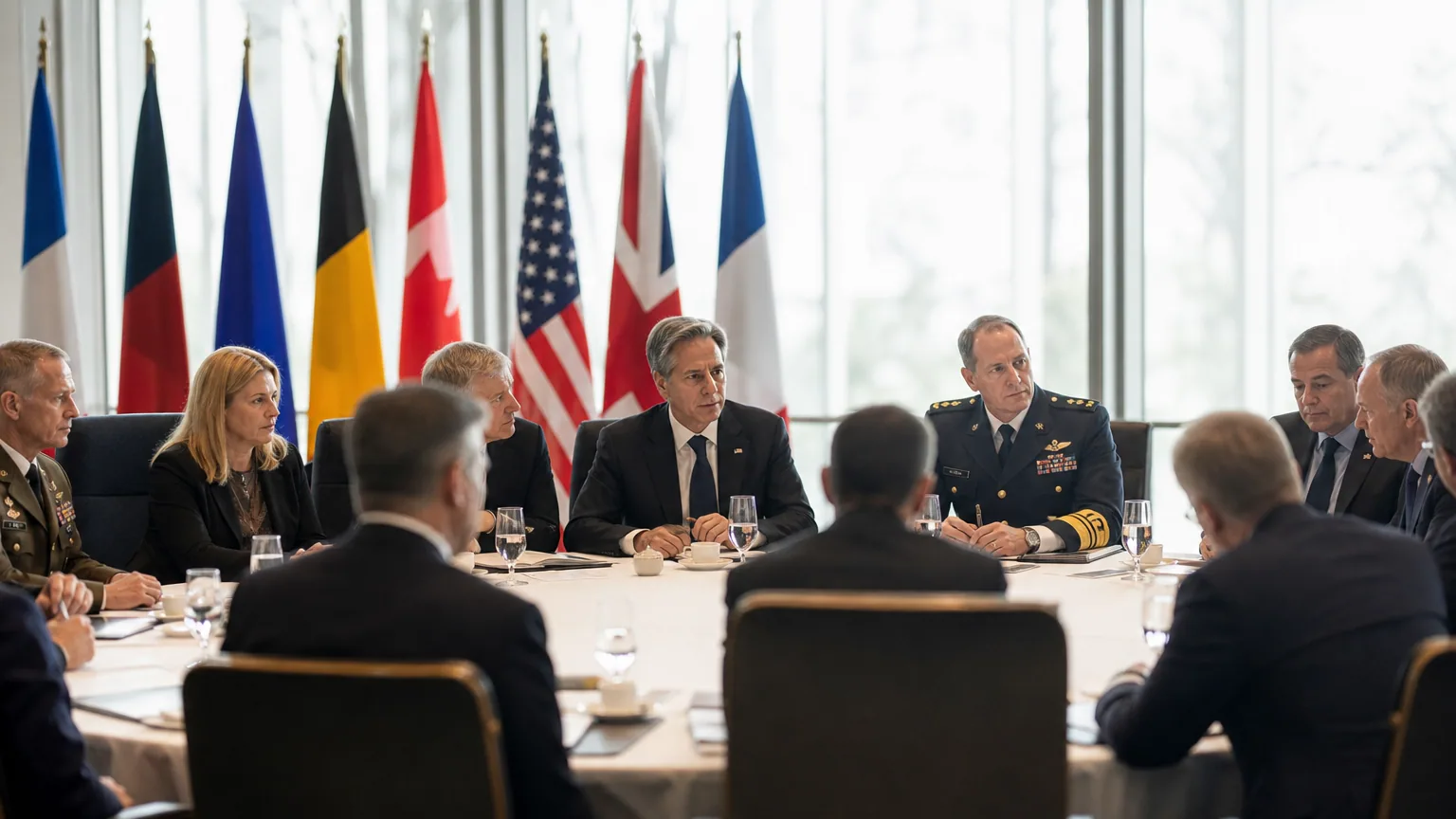 Réunion diplomatique autour d'une grande table avec drapeaux nationaux à l'arrière-plan