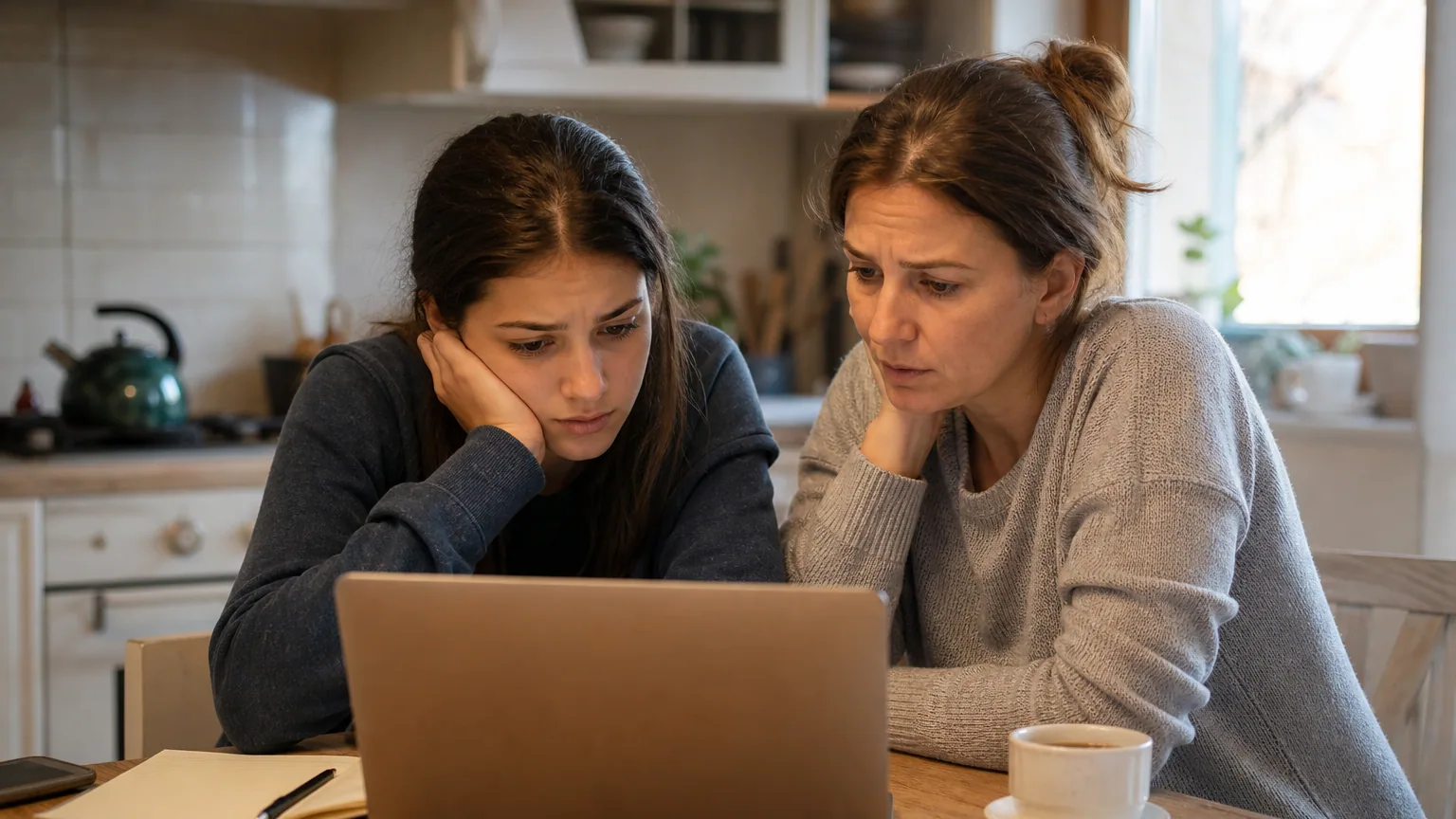 Une lycéenne et sa mère consultent ensemble un ordinateur portable à la maison pour préparer l'orientation