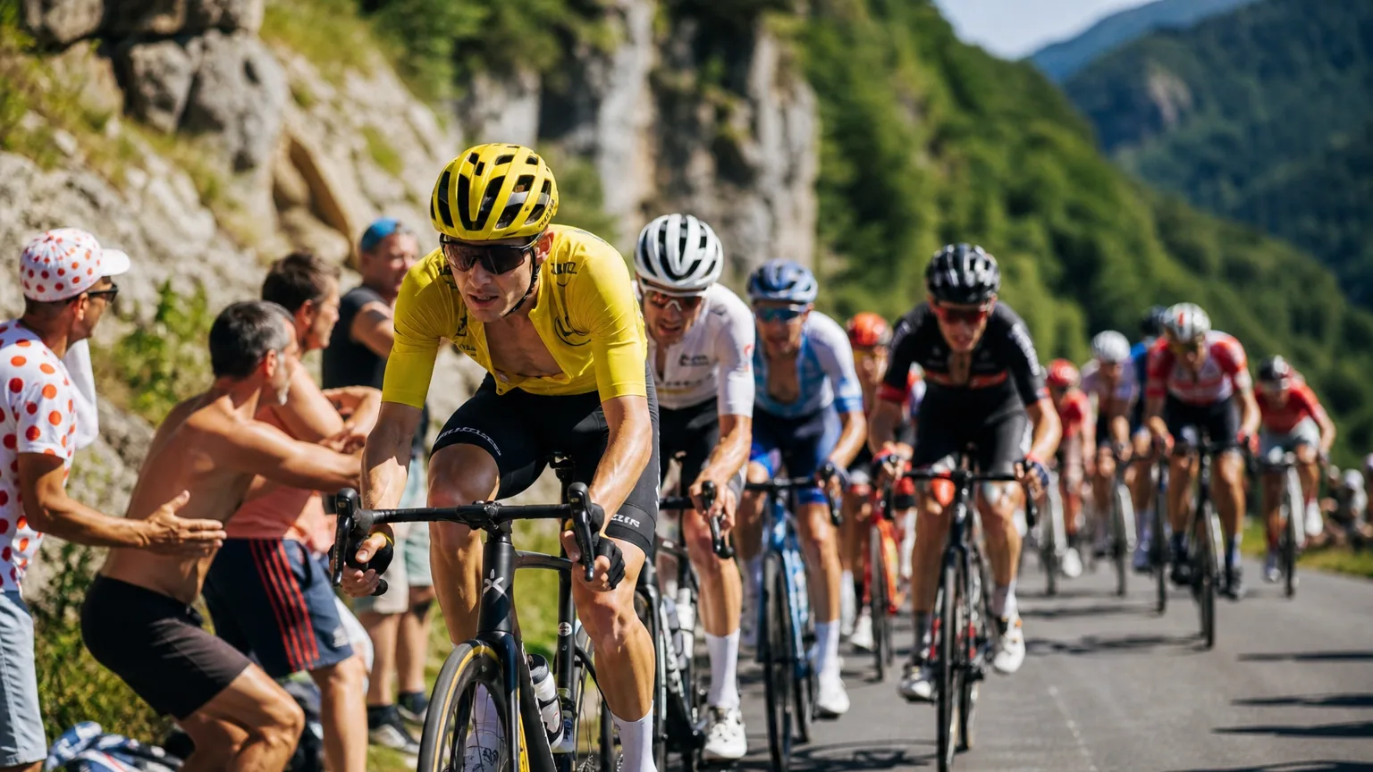 Le peloton du Tour de France en pleine ascension de montagne, le leader en tête