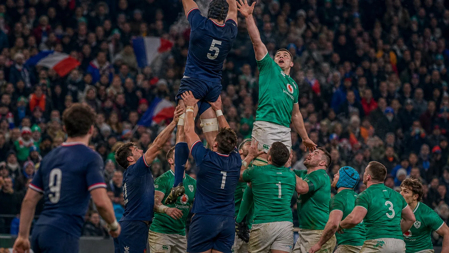 Joueurs de rugby disputant une touche dans un stade comble lors d'un match du Tournoi des Six Nations