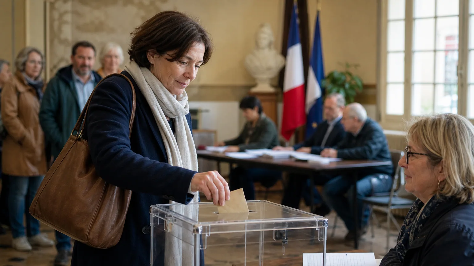 Une électrice glisse son enveloppe dans l'urne transparente d'un bureau de vote municipal.