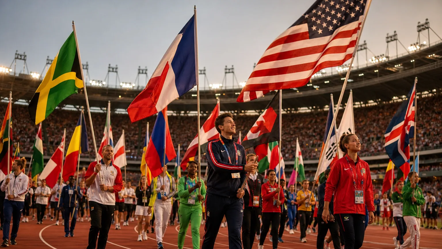 Cérémonie d'ouverture des Jeux olympiques avec des athlètes défilant dans un stade rempli de spectateurs