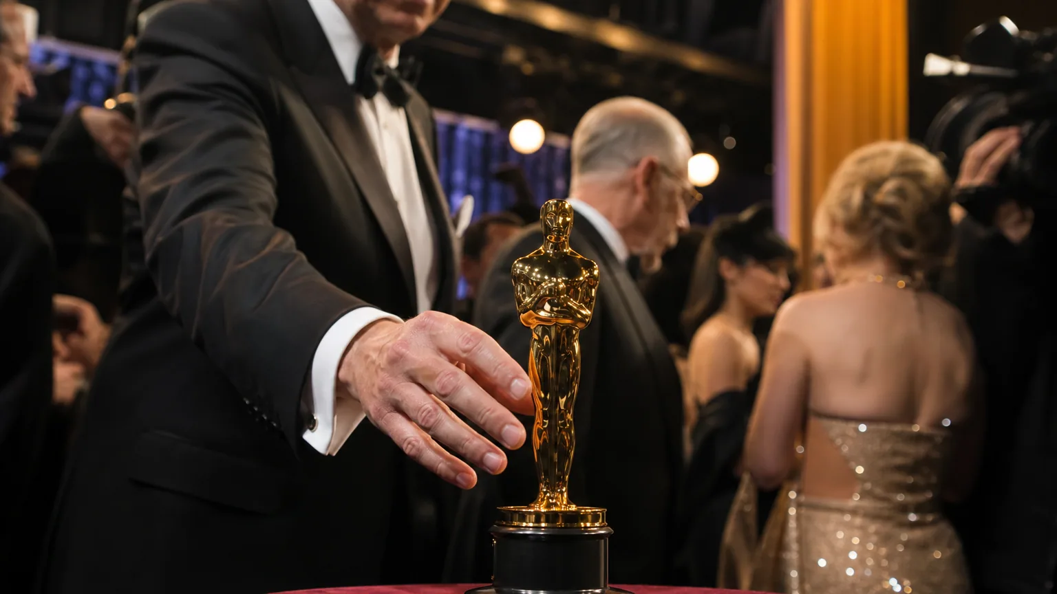 Une statuette dorée posée sur une table en coulisses lors d'une cérémonie de cinéma