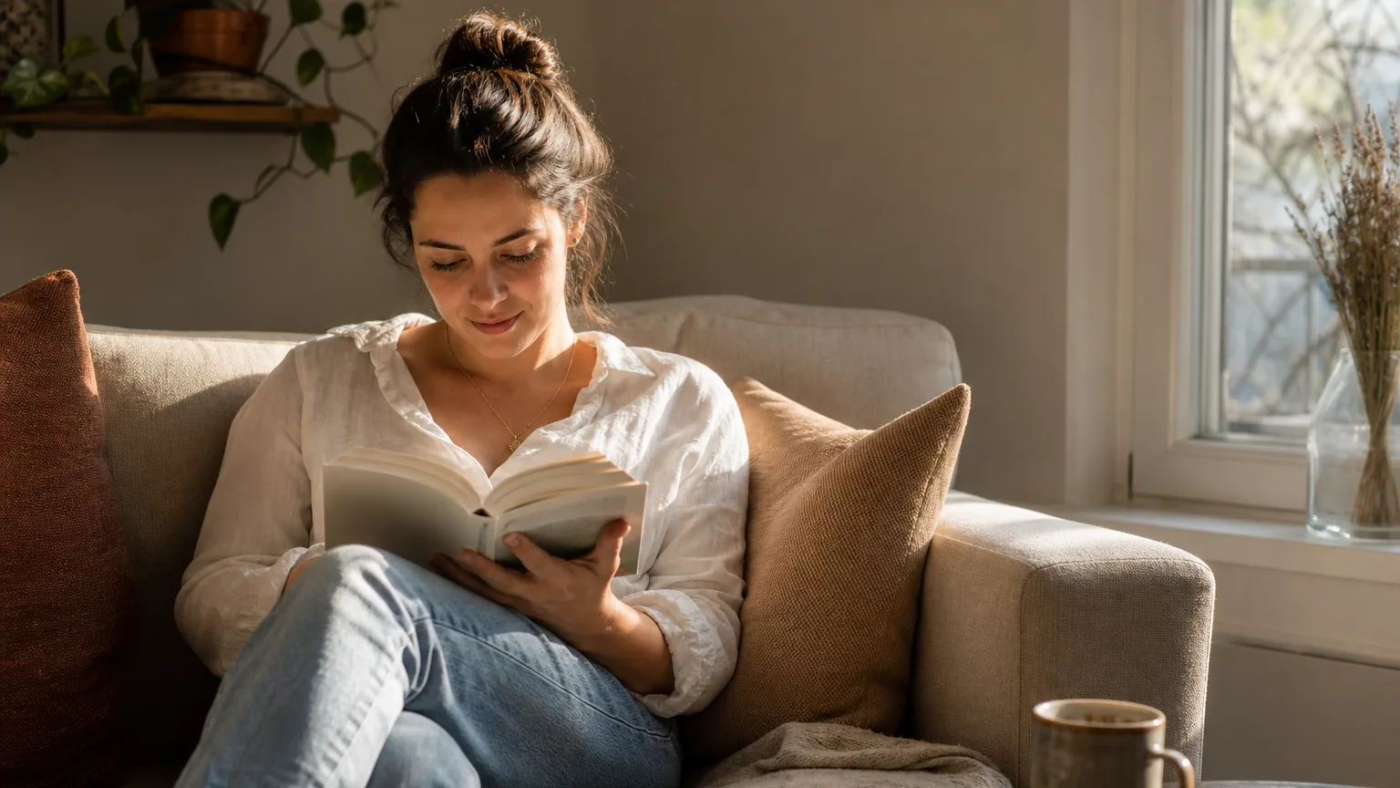 Une femme lit un livre sur un canapé près d'une fenêtre, le téléphone posé à l'envers sur la table