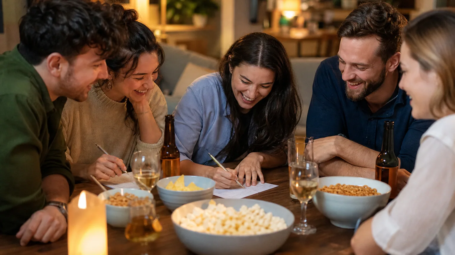 Un groupe d'amis répond à un quiz autour d'une table pendant une soirée