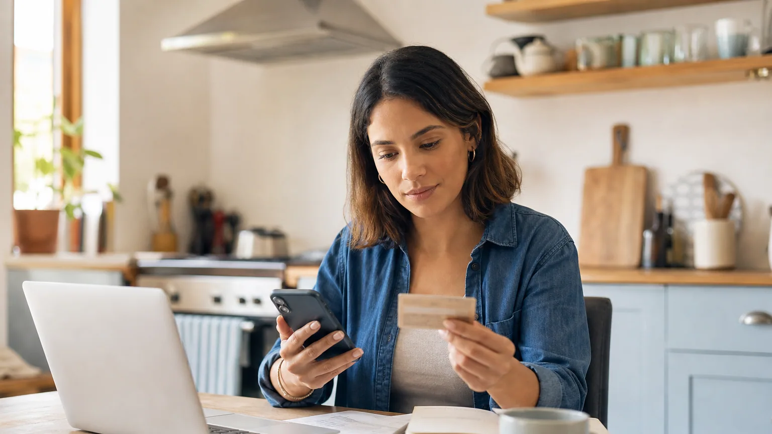Une jeune femme ouvre un compte d'investissement en ligne avec son ordinateur portable et ses papiers d'identité