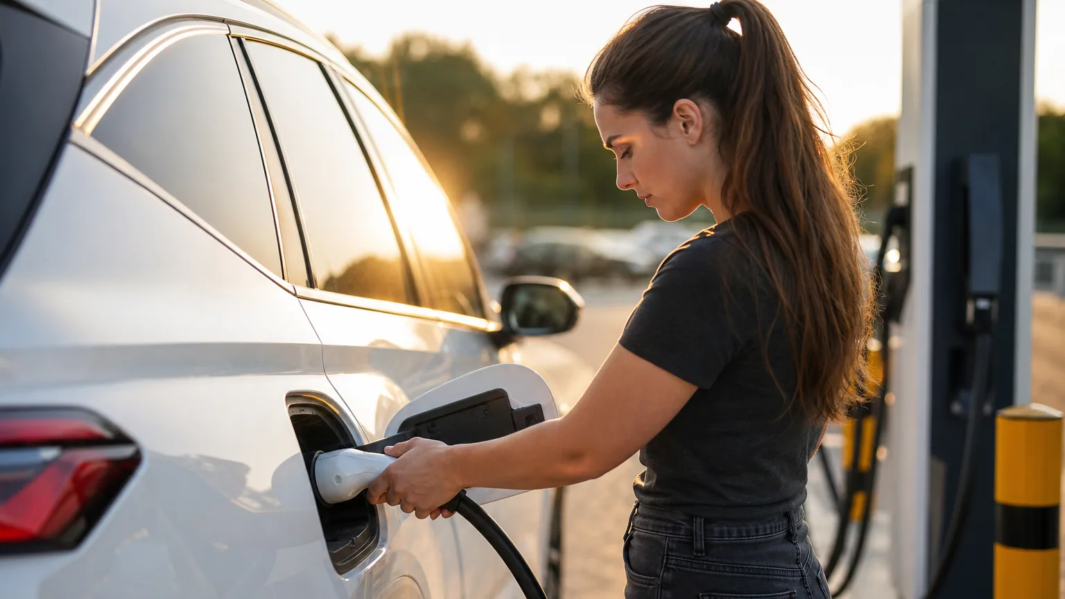 Une personne branche un câble de recharge sur une voiture électrique blanche à une borne publique au coucher du soleil