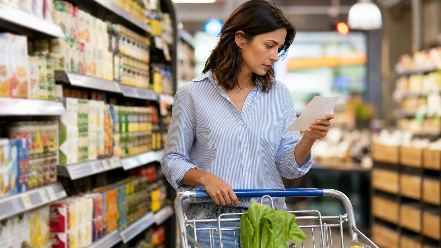 Une femme compare sa liste de courses aux prix dans un rayon de supermarché