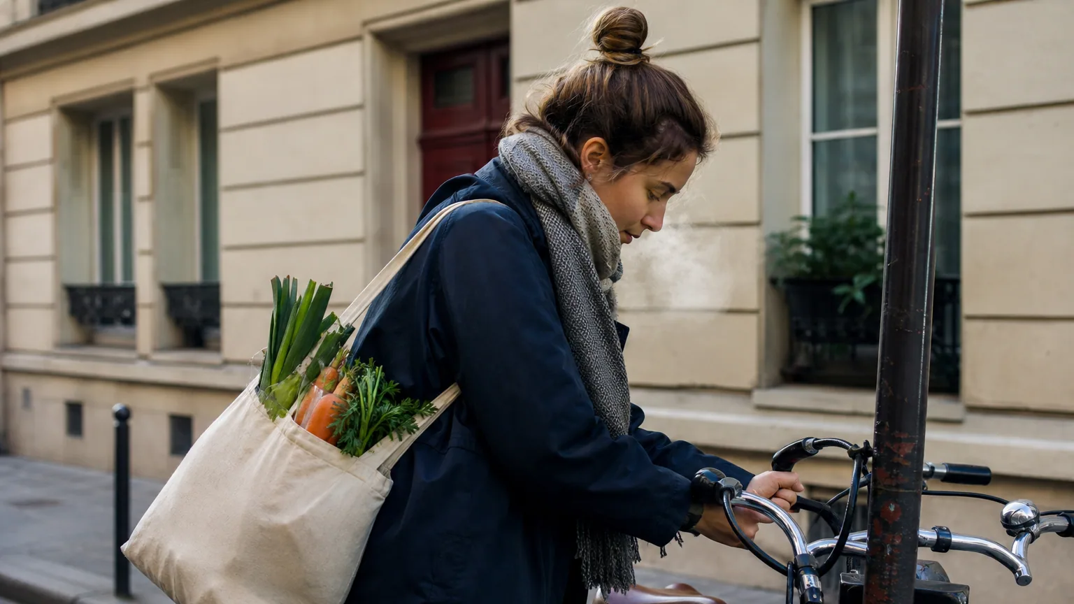 Une femme attache son vélo devant un immeuble, un sac de légumes sur l'épaule
