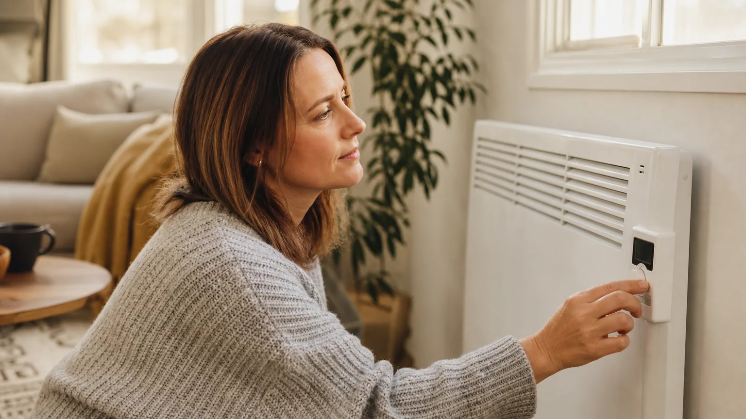 Une femme règle le thermostat de son radiateur dans son salon en hiver