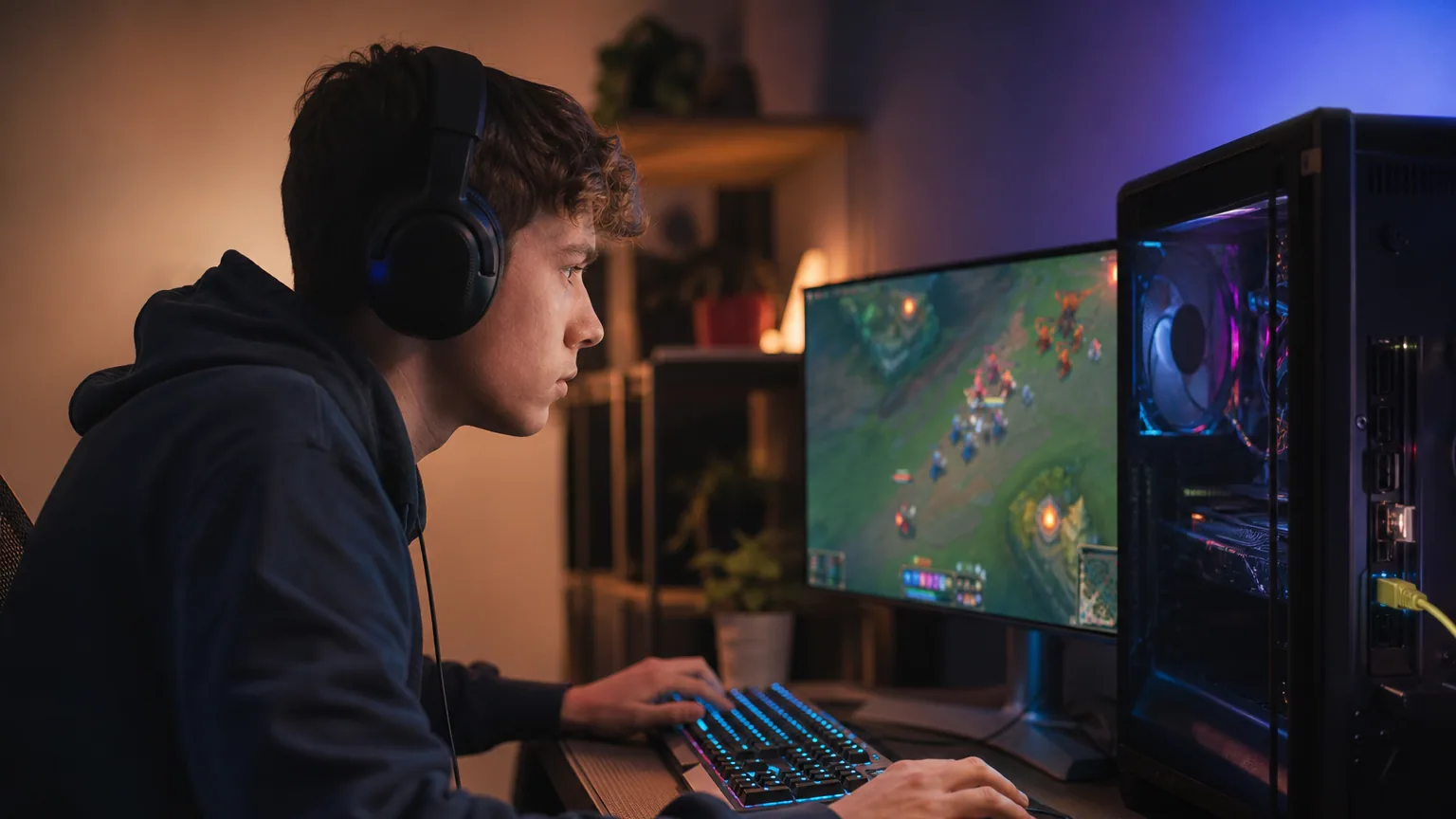 Un joueur connecté en câble Ethernet devant son écran lors d'une partie en ligne
